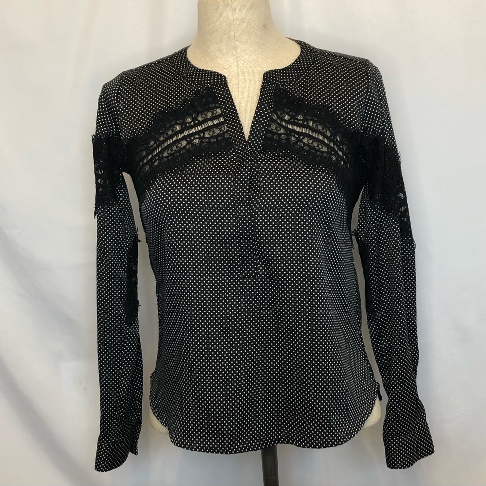 Ann Taylor Petite Black And White Polka Dot and Lace Blouse